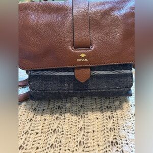 Fossil Brown Leather & Navy Denim Crossbody Bag with Gold Accent